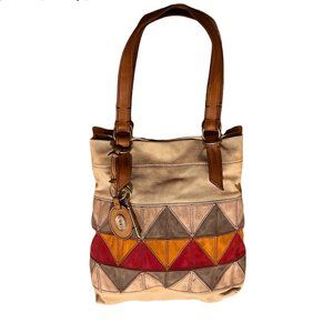 Fossil Key-Per Jesse Canvas Suede Geometric Design Tote Bag